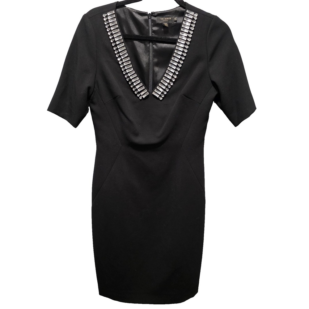 Ted Baker Veeri Black Dress Size 2 Womens Short Sleeve Rhinestone Neckline